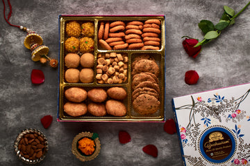 5 Section Swastik Box - 8 Jodhpuri Laddoo Besan Bhakarwadi Chakli Bhaji NT 1.2 KG