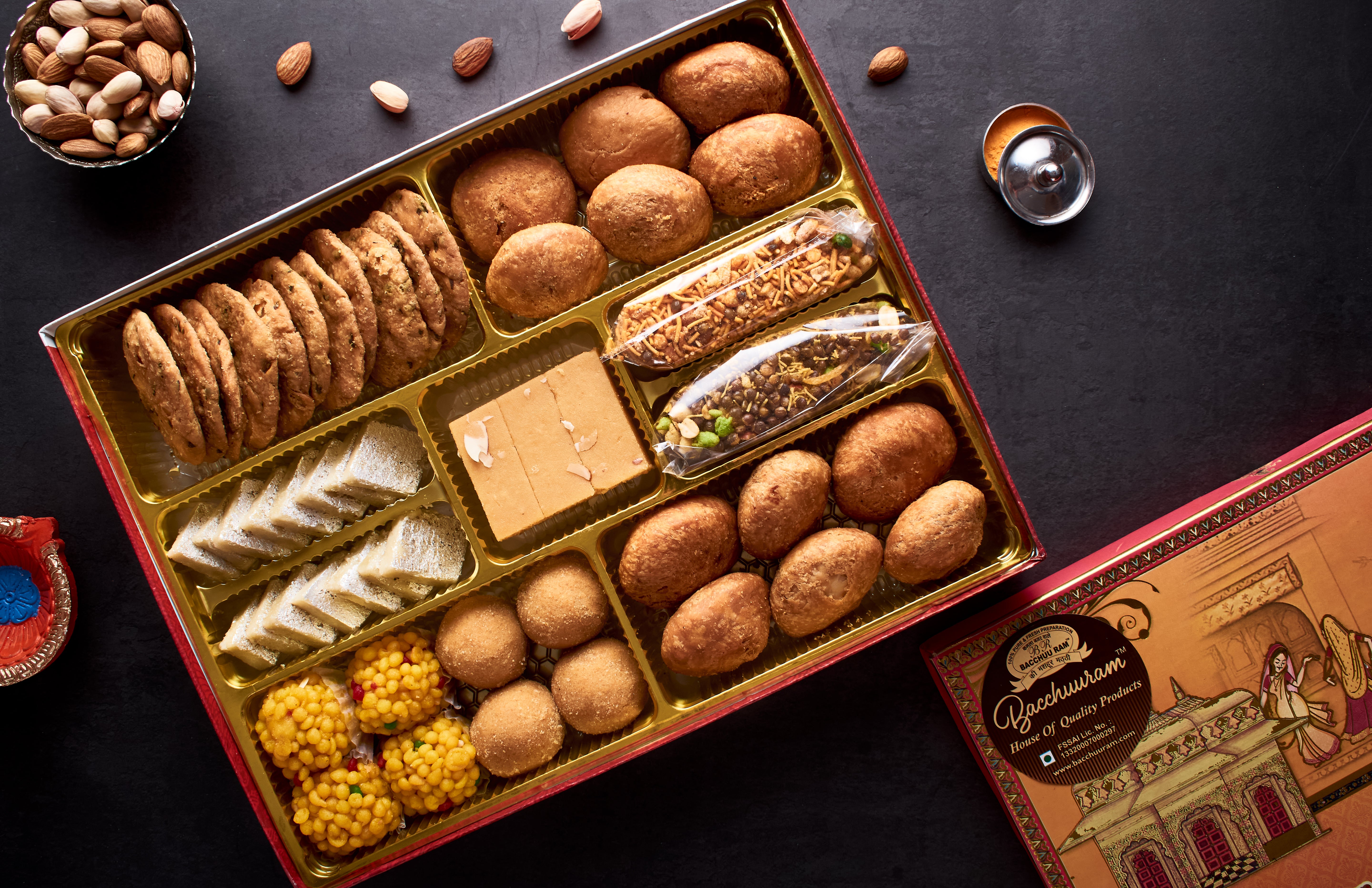 9 Section Premium - 4 Sweets Jodhpuri Laddoo Milk Almond Burfi -Kaju Katli Bhaji Savoury 1.5 KG