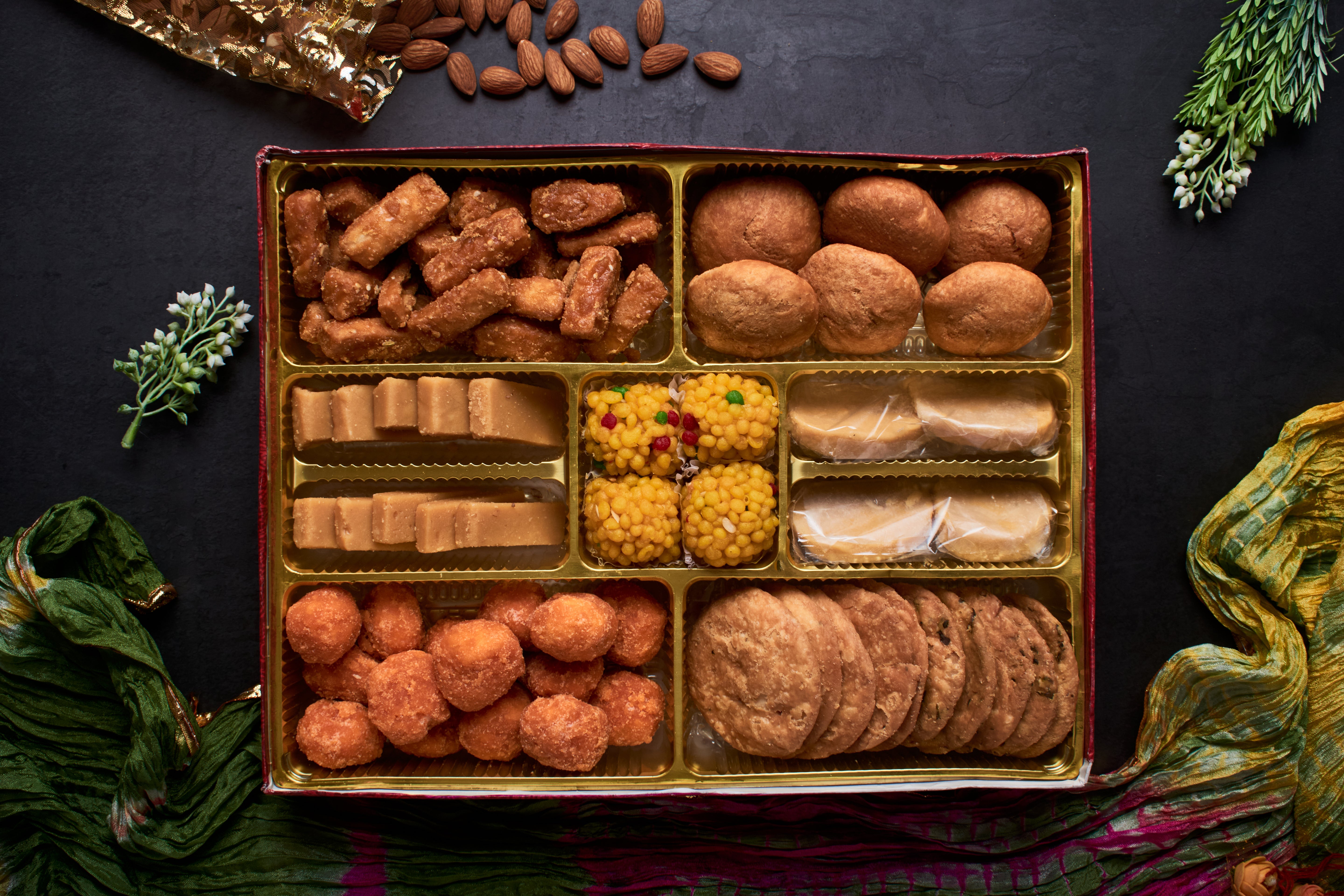 9 Section Premium - 3 Sweets Jodhpuri Laddoo Milk Almond Burfi Desi Ghee Cashew Patisa Bhaji 1.5 KG