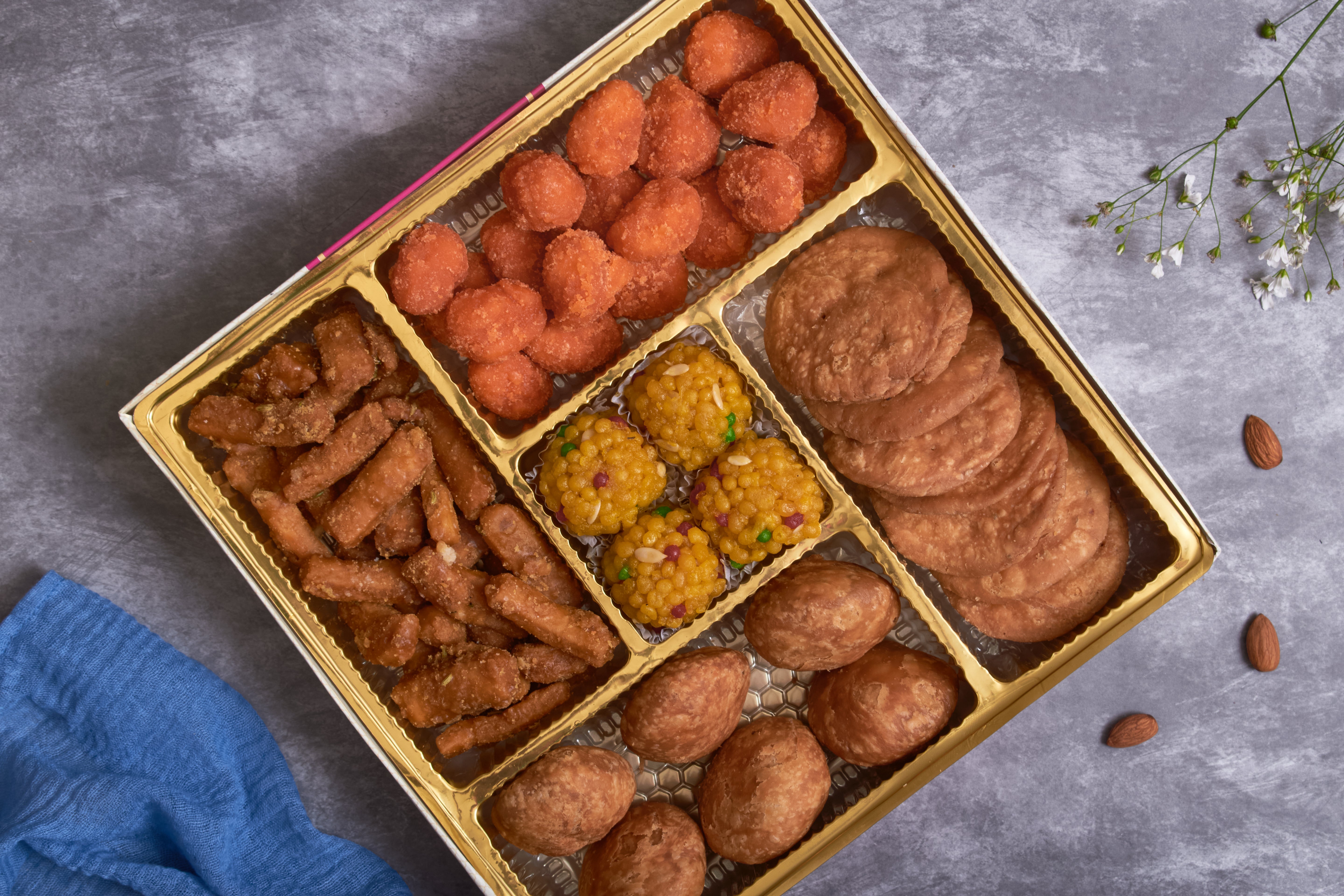 5 Section Swastik Box - 4 Jodhpuri Laddoo Hing Kachori NT 1 KG