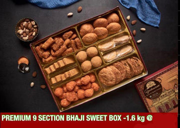 9 Section Premium - 3 Sweets Besan Laddoo Milk Almond Burfi Desi Ghee Cashew Patisa Bhaji 1.5 KG