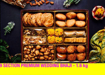 9 Section Premium - 4 Sweets Jodhpuri Laddoo Milk Almond Burfi Desi Ghee Cashew Patisa Bhaji Savoury 1.5 KG
