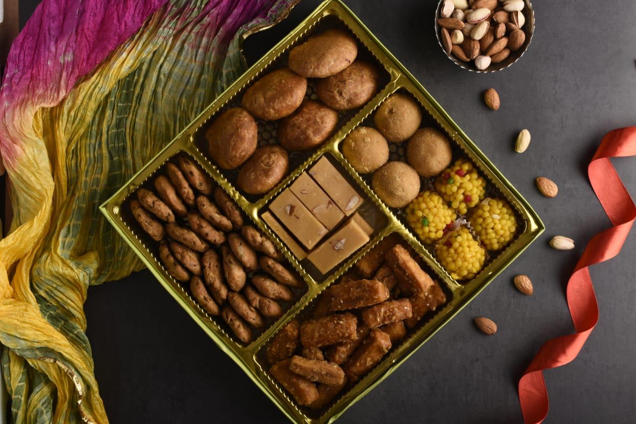 5 Section Swastik Box - 8 Jodhpuri Laddoo Besan Milk Almond Burfi Bhaji NT 1.2 KG